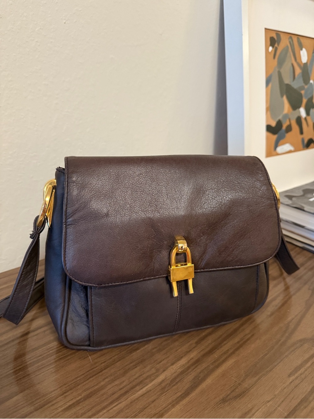 Vintage Brown Leather Messenger Bag with Gold Hardware